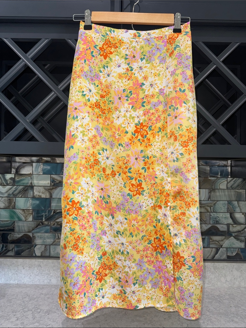 Floral Satin Yellow Maxi Skirt